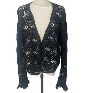 Vintage Croquet Crochet Cardigan Sweater Womens Medium Black Boho Goth Witchy